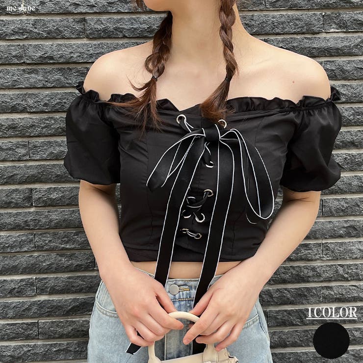 M me eme サイドリボン ビジュー オフショル シアートップス BLACK M me eme／Search Category,トップス | Mmeeme