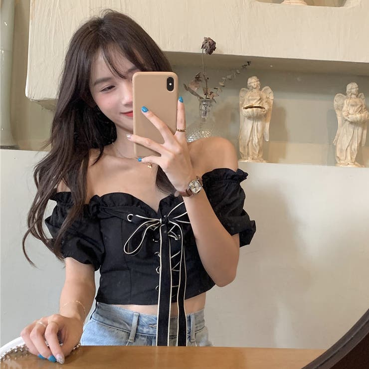 M me eme サイドリボンビジューオフショルシアートップス BLACK サイドリボンオフショルBL|ems excite | RETRO GIRL ONLINE