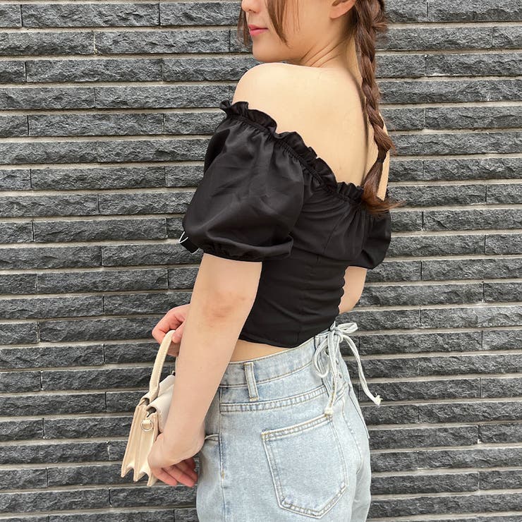 レースアップリボンオフショルショート丈トップス 春 韓国トップス