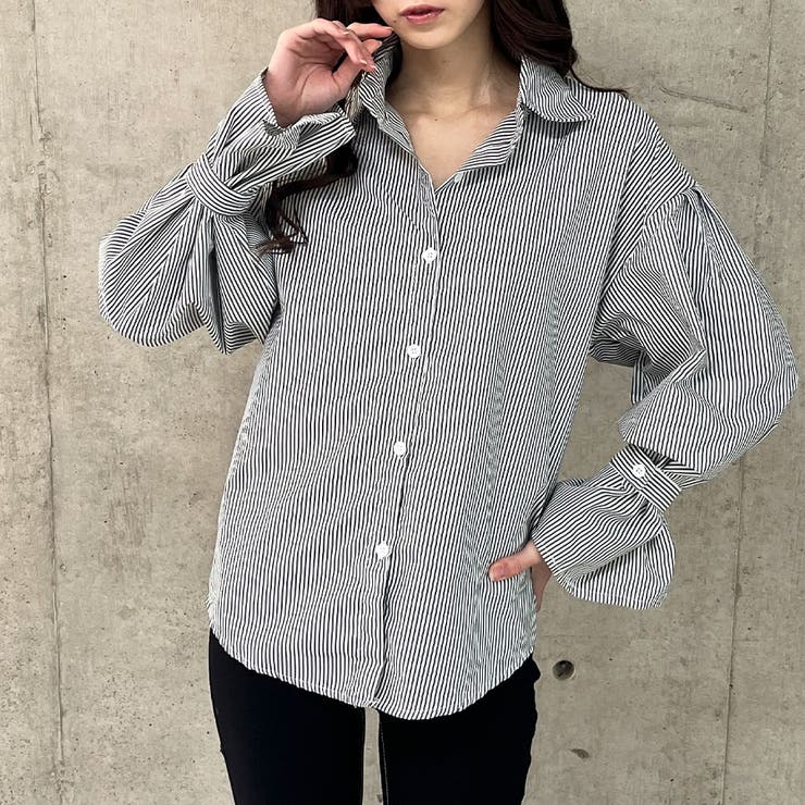 袖ベルト付ストライプシャツ[品番：MJNW0003212]｜me Jane（ミー