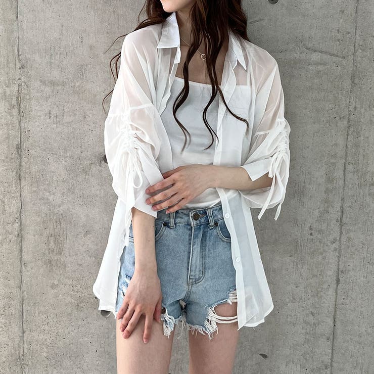 ホワイト | 袖シャーリングシアーシャツ | me Jane