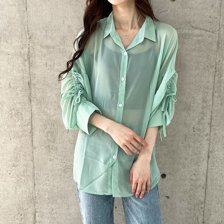 グリーン | 袖シャーリングシアーシャツ | me Jane
