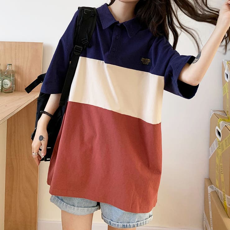 3カラー配色ビッグシルエットポロシャツ[品番：MJNW0000826]｜me Jane
