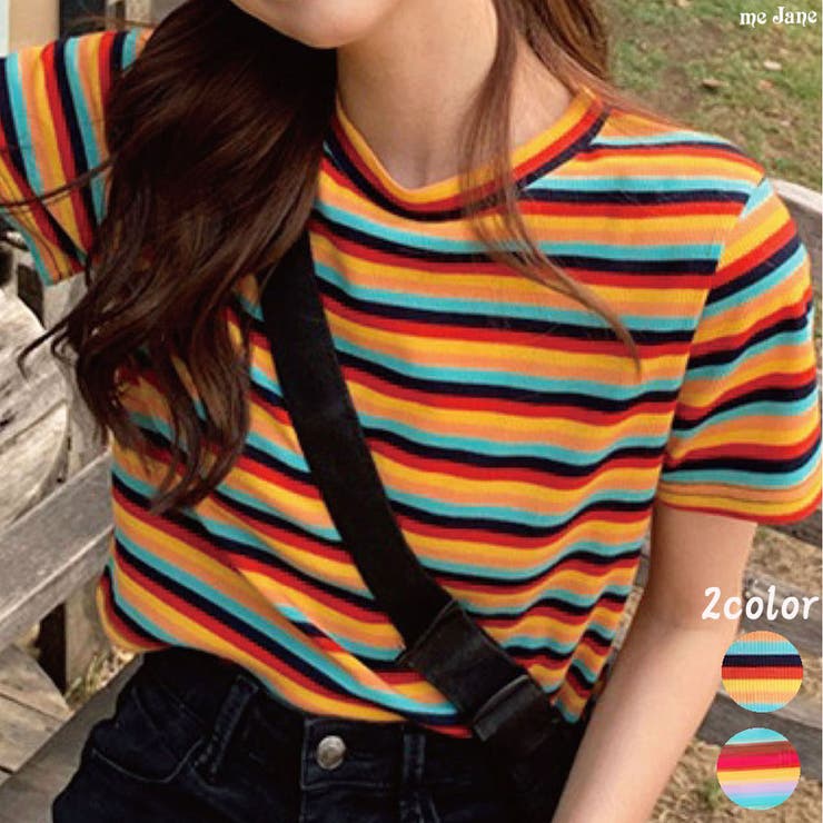 カラフルマルチボーダーちびTシャツ[品番：MJNW0000928]｜me Jane