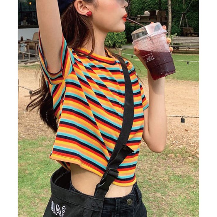 カラフルマルチボーダーちびTシャツ[品番：MJNW0000928]｜me Jane