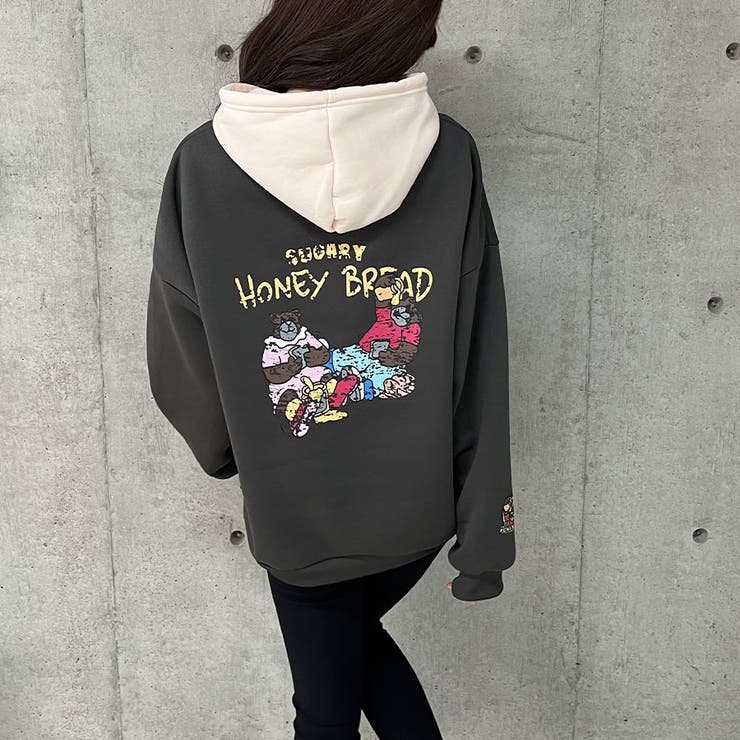 バックかすれベアプリントフード配色プルパーカー[品番：MJNW0001567