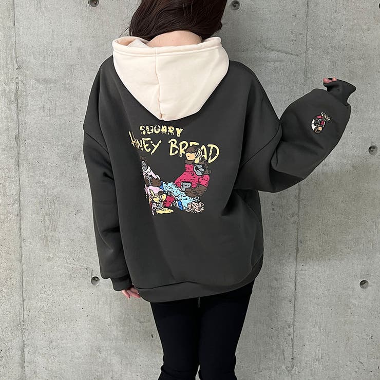 バックかすれベアプリントフード配色プルパーカー[品番：MJNW0001567