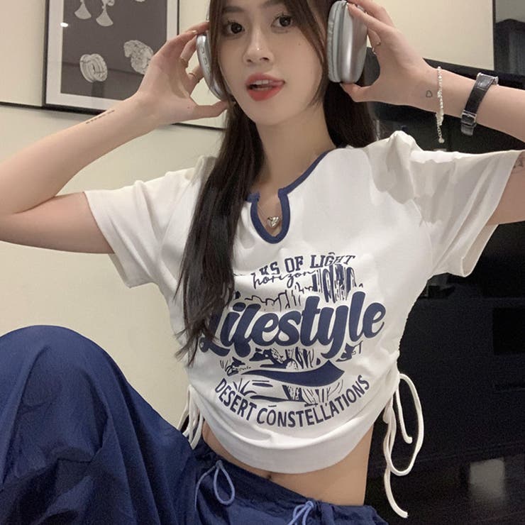 サイドシャーリングプリントTシャツ[品番：MJNW0002641]｜me Jane