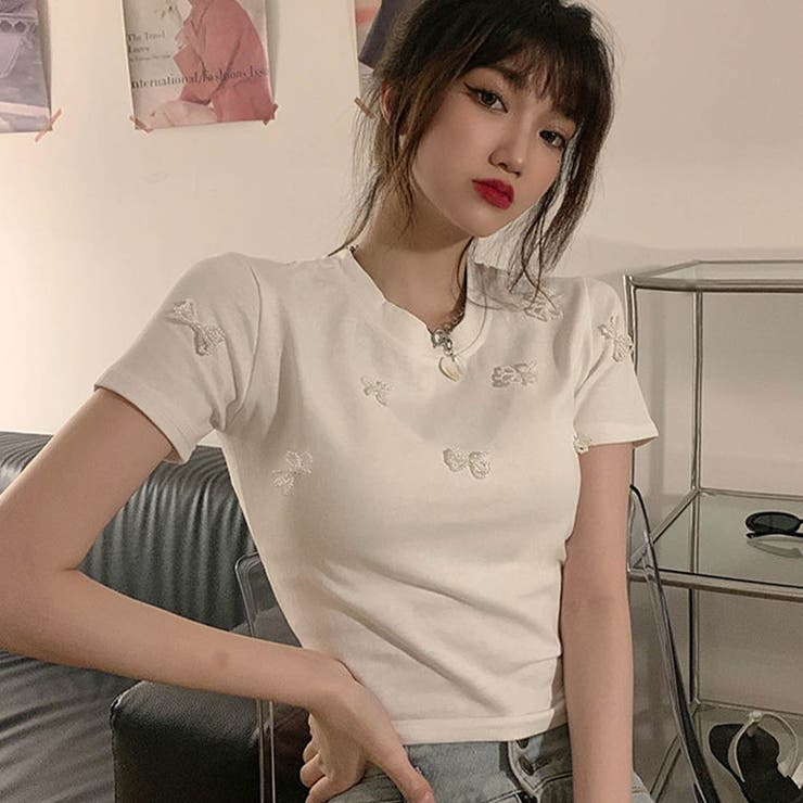 パールリボンショート丈Tシャツ 春 韓国トップス[品番