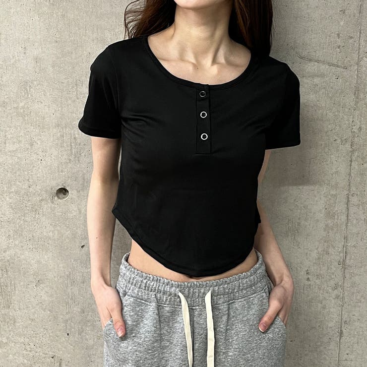 ルーズ ヘンリーネック Tシャツ ストリート 韓国 夏 2色 hr9789 ダブルレイヤード ボタンアップ トップス 韓国 ストリート Y2K