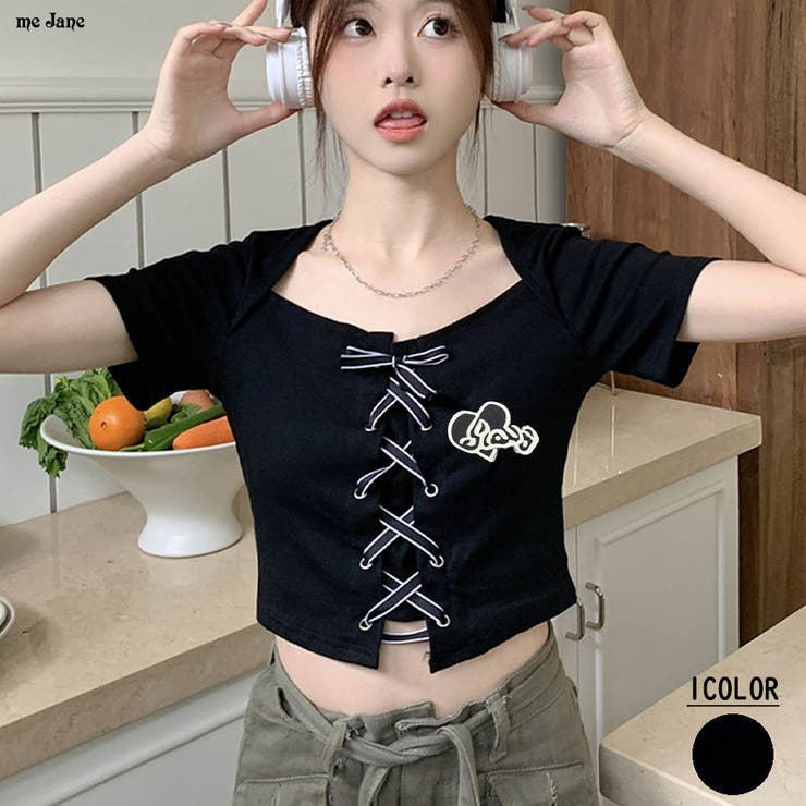 レースアップリボンショート丈Tシャツ 春 韓国トップス[品番 レースアップリボンショート丈Tシャツ 春 韓国トップス[品番