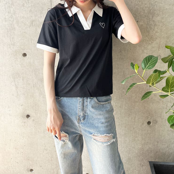 胸ハート配色スキッパーポロトップス | me Jane | 詳細画像14 