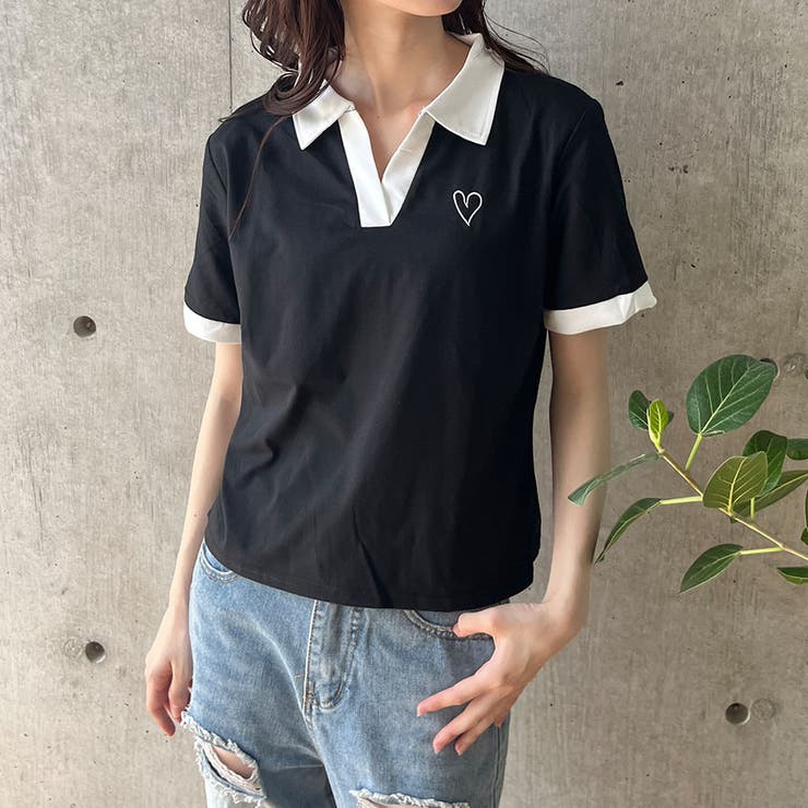 胸ハート配色スキッパーポロトップス | me Jane | 詳細画像16 