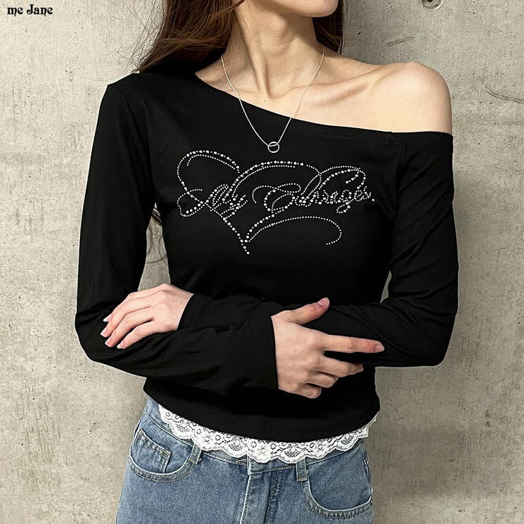 ラインストーンロゴワンショルトップス[品番：MJNW0003135]｜me Jane