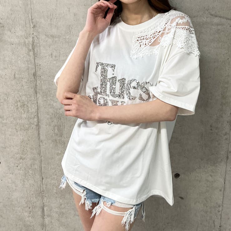 tシャツ カバーデザインレース切替プリントTEE レディース カバーデザインレース切替プリントTEE（Tシャツ/カットソー