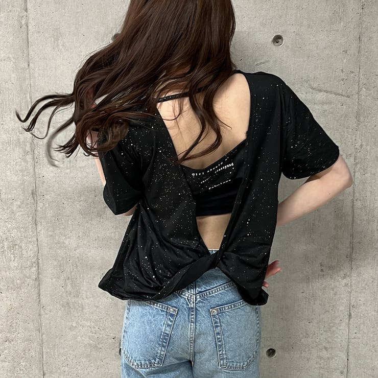 ロゴプリントバックオープン半袖Tシャツ[品番：MJNW0003245]｜me Jane 