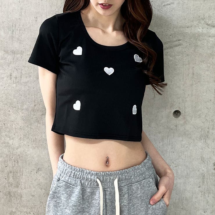 ハート刺繍クロップド丈Tシャツ[品番：MJNW0003277]｜me Jane