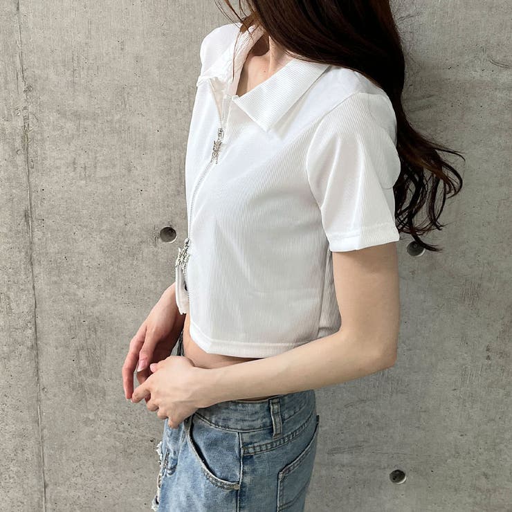ダブルZIPクロップド丈半袖トップス[品番：MJNW0003334]｜me Jane