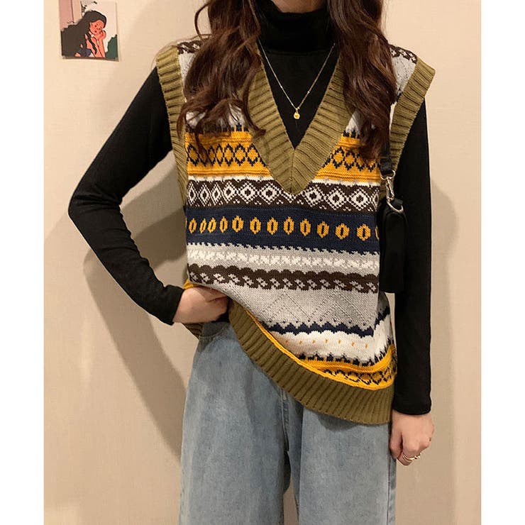 ノルディック柄Vネックニットベスト[品番：MJNW0000975]｜me Jane