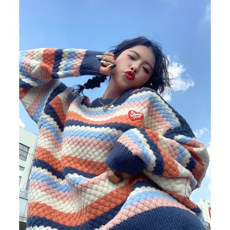 マグリアドンナ ランダム配色ボーダー wool長袖ニット  セーター 新作＞5ゲージランダムカラフルボーダーニット[品番：MJNW0001096