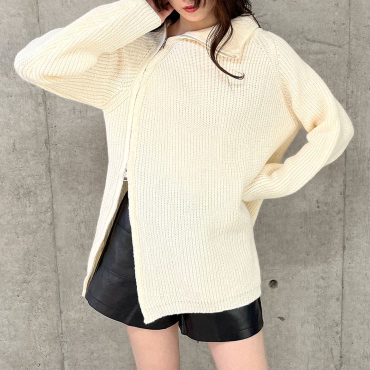 オフホワイト | スタンドカラーダブルZIPニット | me Jane