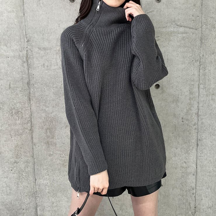 チャコールグレー | スタンドカラーダブルZIPニット | me Jane