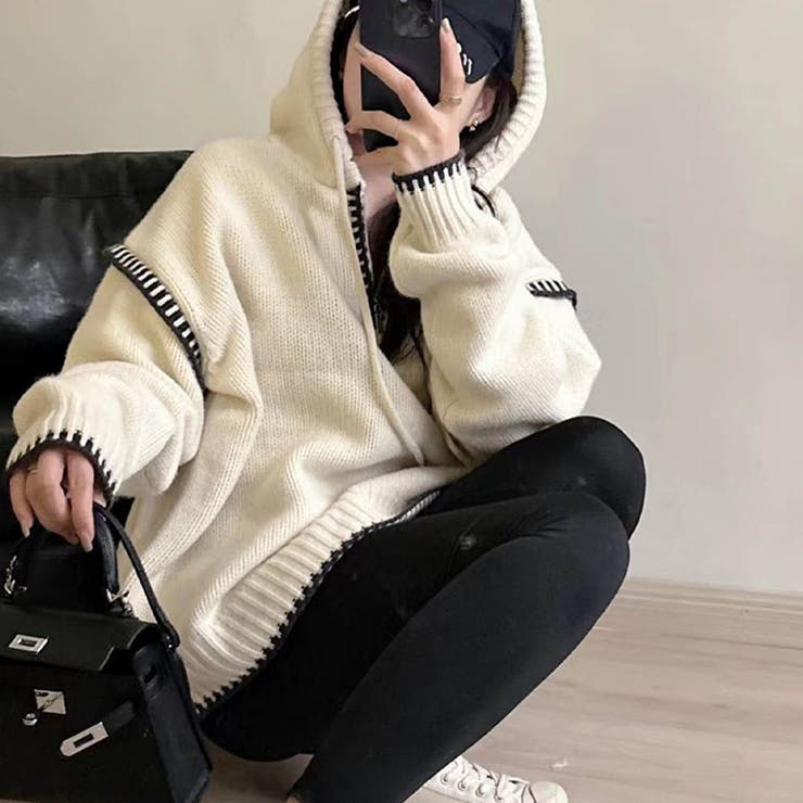 ハンドステッチZIPネックニットプルパーカー[品番：MJNW0002352]｜me