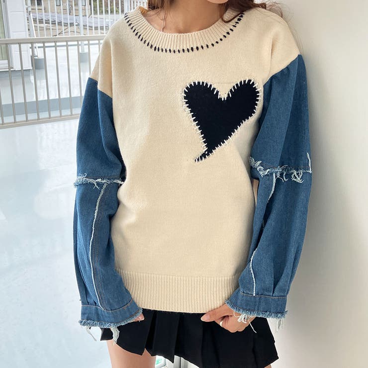 袖デニム切替ハートパッチニット[品番：MJNW0002564]｜me Jane（ミー