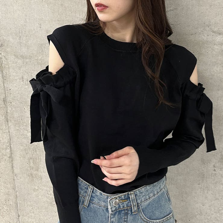 袖カットアウトギャザーリボンニットトップス[品番：MJNW0002969]｜me