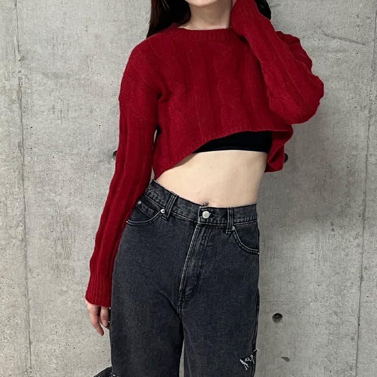 ケーブル編みショート丈ニットトップス[品番：MJNW0002985]｜me Jane