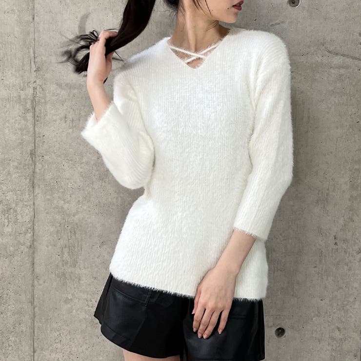 Ⅴネッククロスシャギーニットトップス[品番：MJNW0002986]｜me Jane（ミー ジェーン）のレディースファッション通販｜SHOPLIST（ショップリスト）