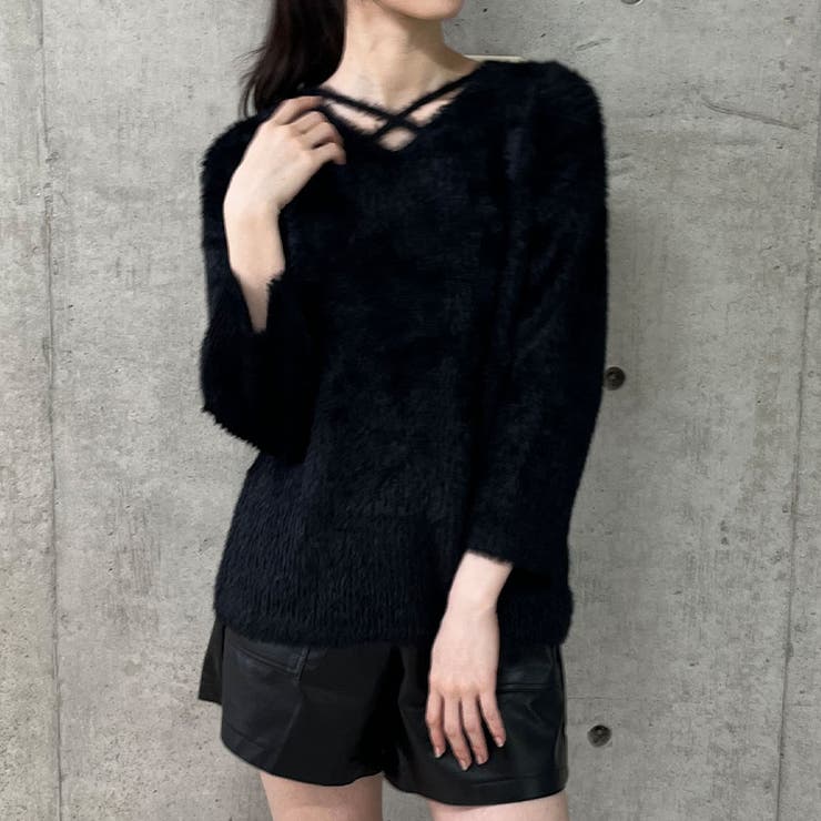 Ⅴネッククロスシャギーニットトップス[品番：MJNW0002986]｜me Jane