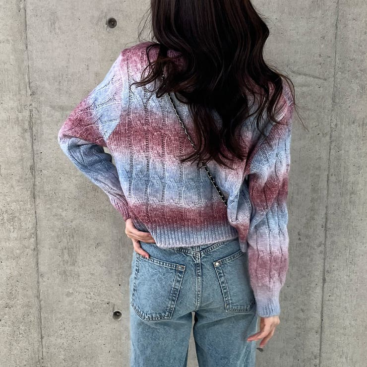 グラデーションカラーケーブルショート丈ニットカーディガン[品番