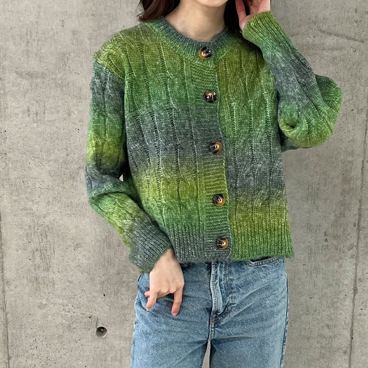 グラデーションカラーケーブルショート丈ニットカーディガン[品番