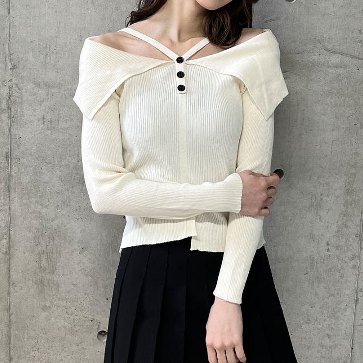 ホルターネックオフショルリブニットトップス[品番：MJNW0003162]｜me  