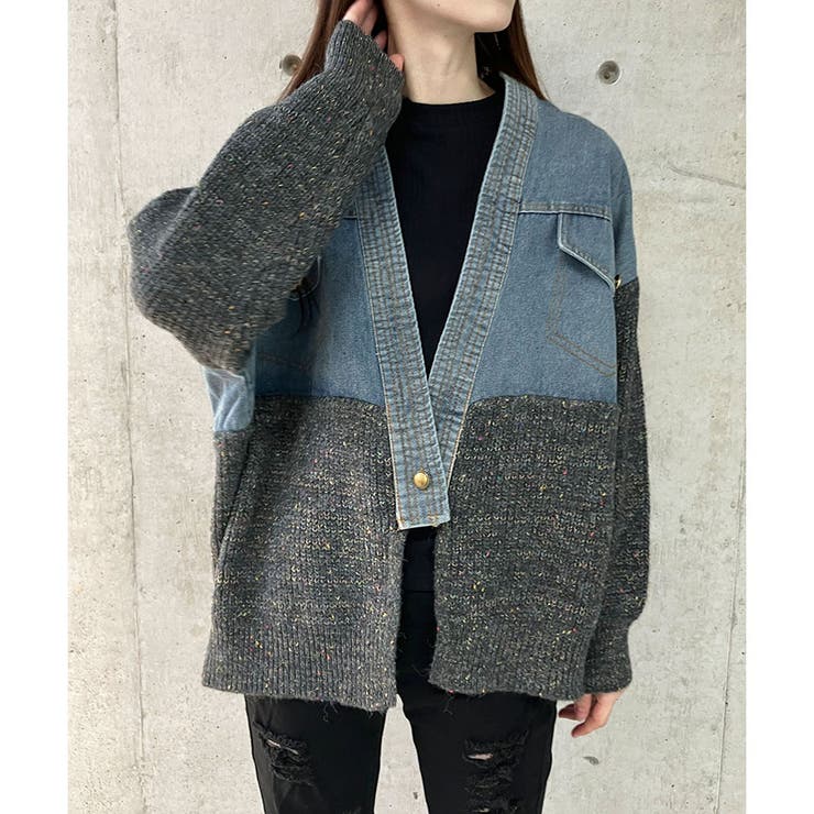 デニム×MIXニット切替カーディガン[品番：MJNW0003405]｜me Jane（ミー