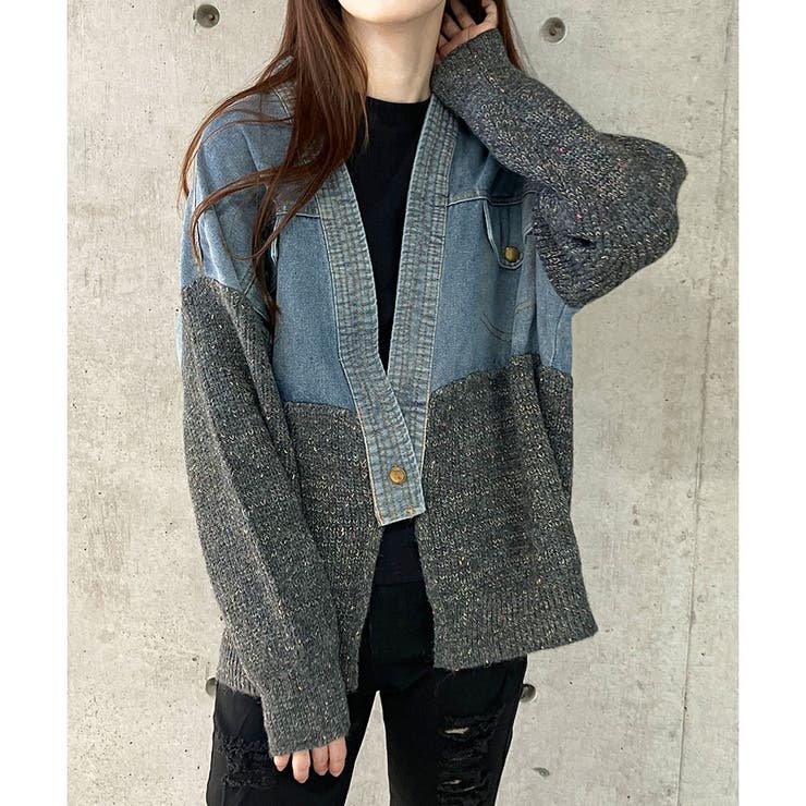 デニム×MIXニット切替カーディガン[品番：MJNW0003405]｜me Jane（ミー