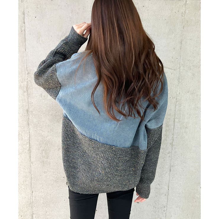 デニム×MIXニット切替カーディガン[品番：MJNW0003405]｜me Jane（ミー