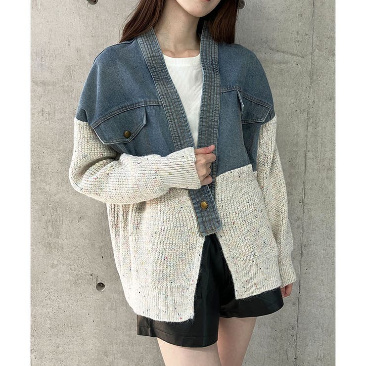 デニム×MIXニット切替カーディガン[品番：MJNW0003405]｜me Jane（ミー