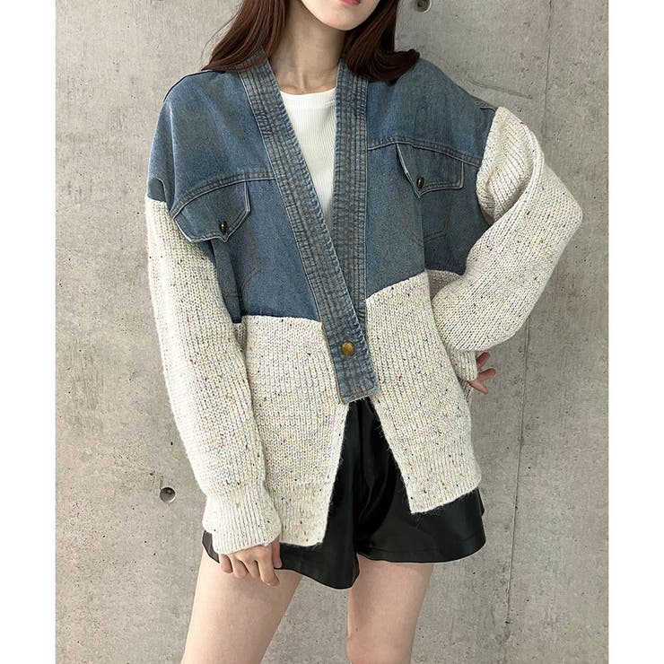 デニム×MIXニット切替カーディガン[品番：MJNW0003405]｜me Jane（ミー