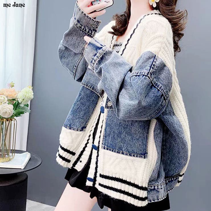 デニム切替ラインリブニットカーディガン | me Jane | 詳細画像1 