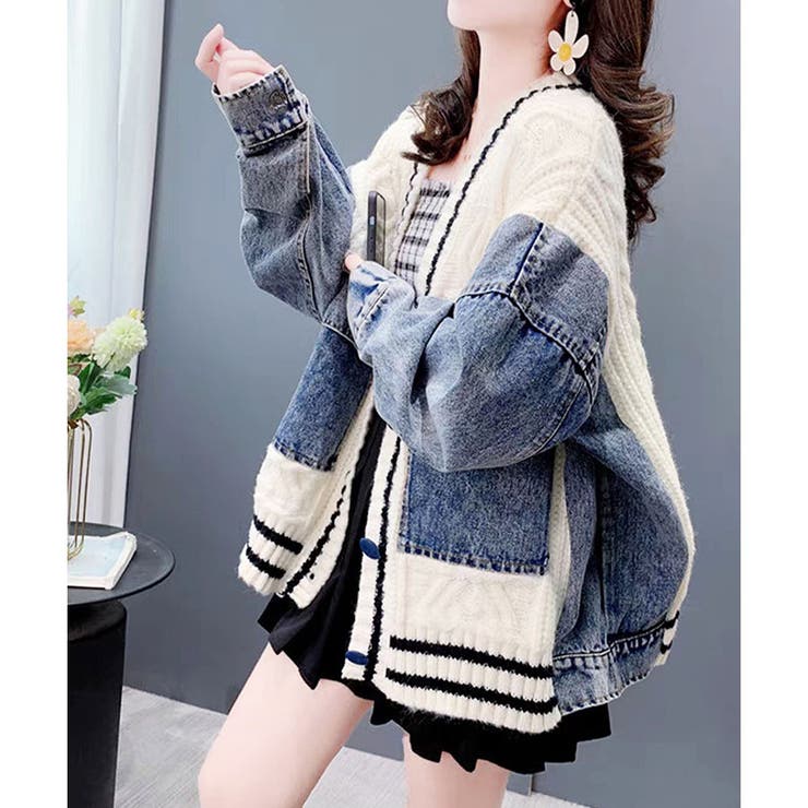 デニム切替ラインリブニットカーディガン | me Jane | 詳細画像2 