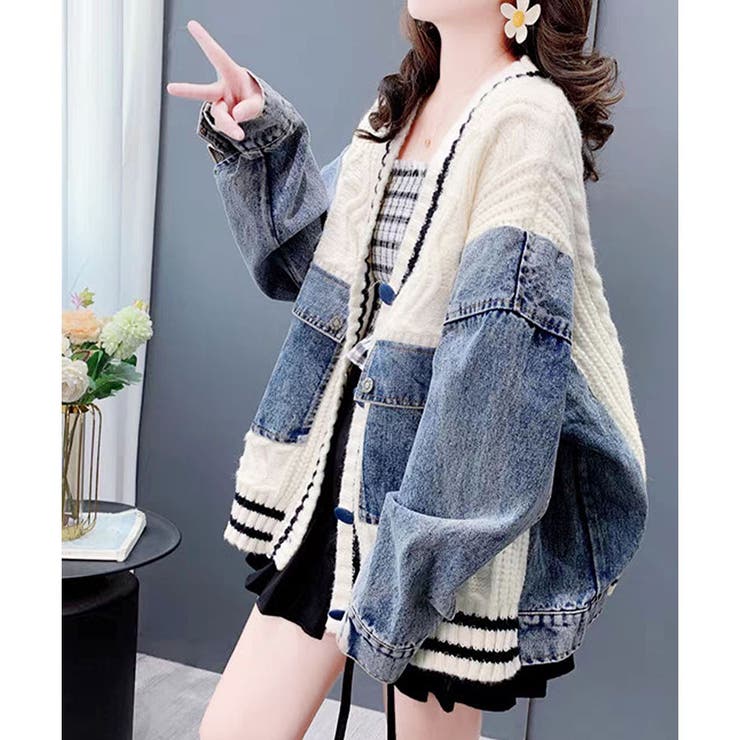 デニム切替ラインリブニットカーディガン | me Jane | 詳細画像3 