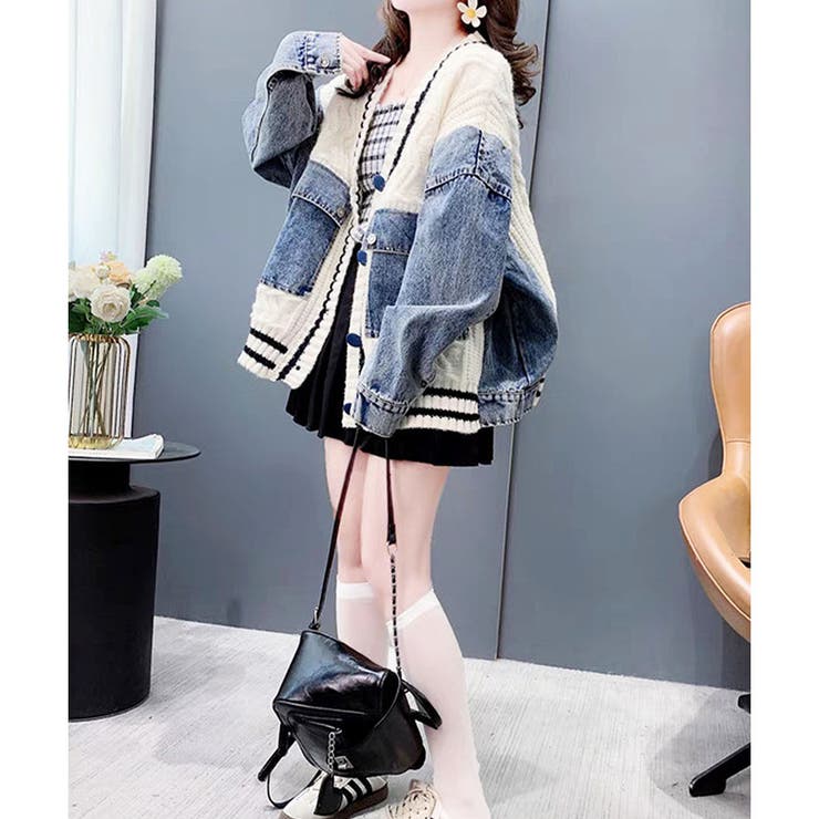 デニム切替ラインリブニットカーディガン | me Jane | 詳細画像4 