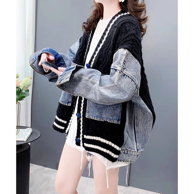 デニム切替ラインリブニットカーディガン | me Jane | 詳細画像8 