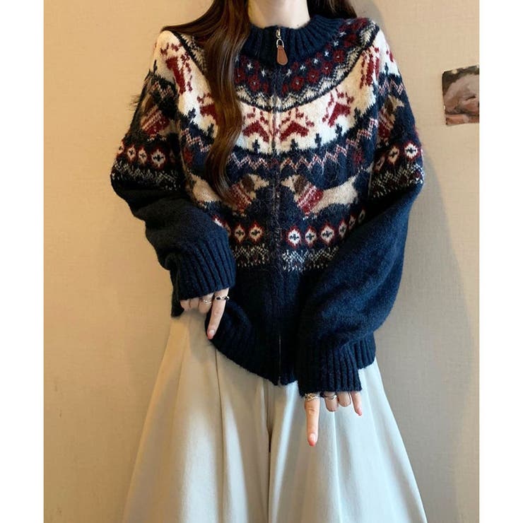 ノルディック柄ジャガードZIPニットカーディガン[品番：MJNW0003401