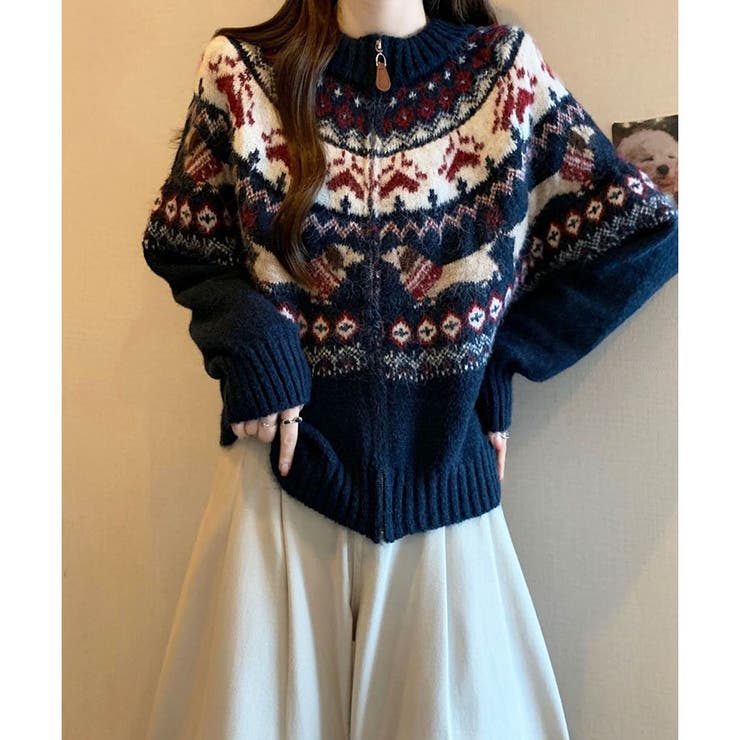 ノルディック柄ジャガードZIPニットカーディガン[品番：MJNW0003401