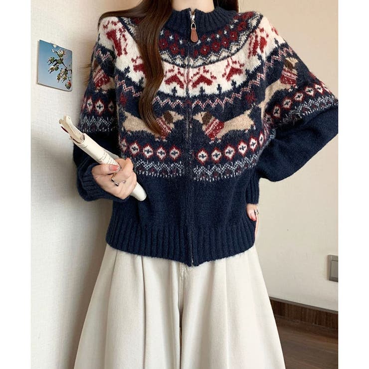 ノルディック柄ジャガードZIPニットカーディガン[品番：MJNW0003401