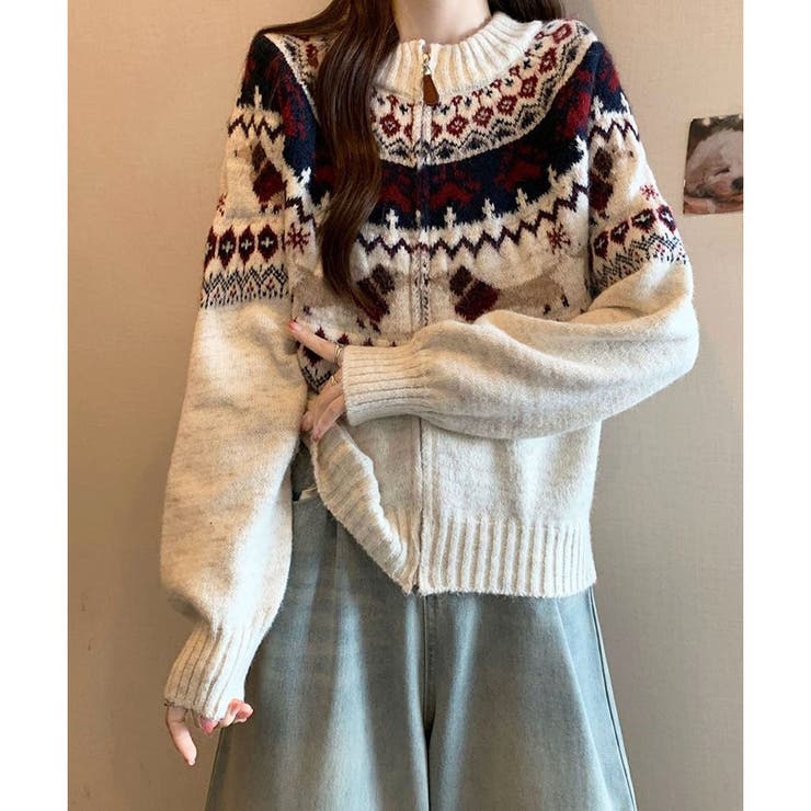 ノルディック柄ジャガードZIPニットカーディガン[品番：MJNW0003401