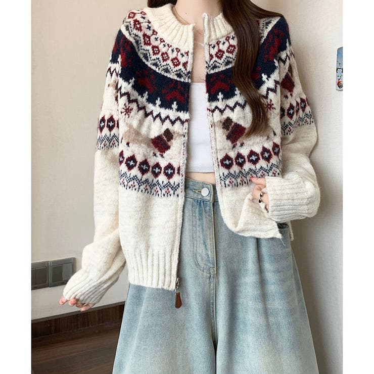 ノルディック柄ジャガードZIPニットカーディガン[品番：MJNW0003401